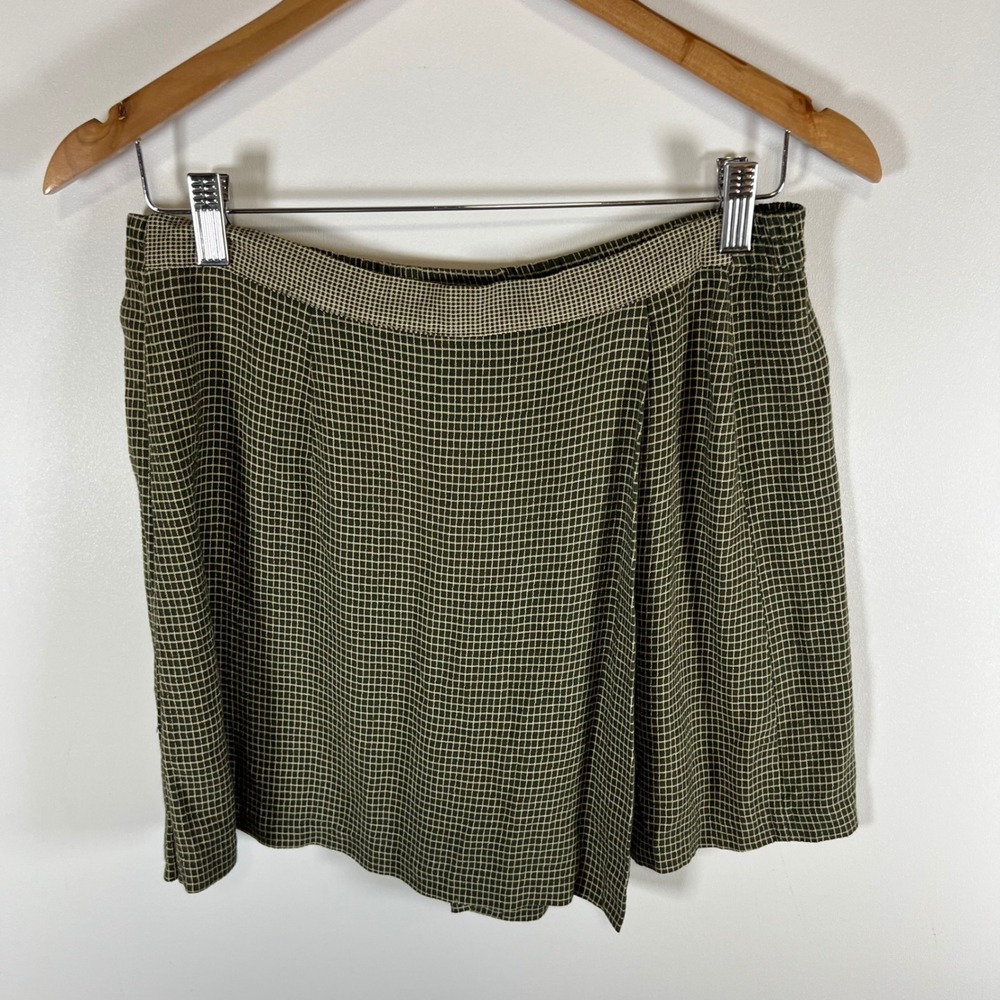 Petite Sophisticate Vintage 2 Piece Skort Set Olive Green Grid Plaid Blouse 90s - Picture 3 of 13